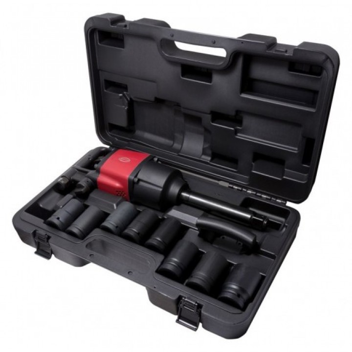 Пневмогайковерт c длинным валом и комплектом ударных головок 1''9пр(3390Нм,5000об/мин,282л/мин,6.3bar,головки:27,30,32,33,34,36,38,41мм)в кейсе Rock Force(RF-8091D)
