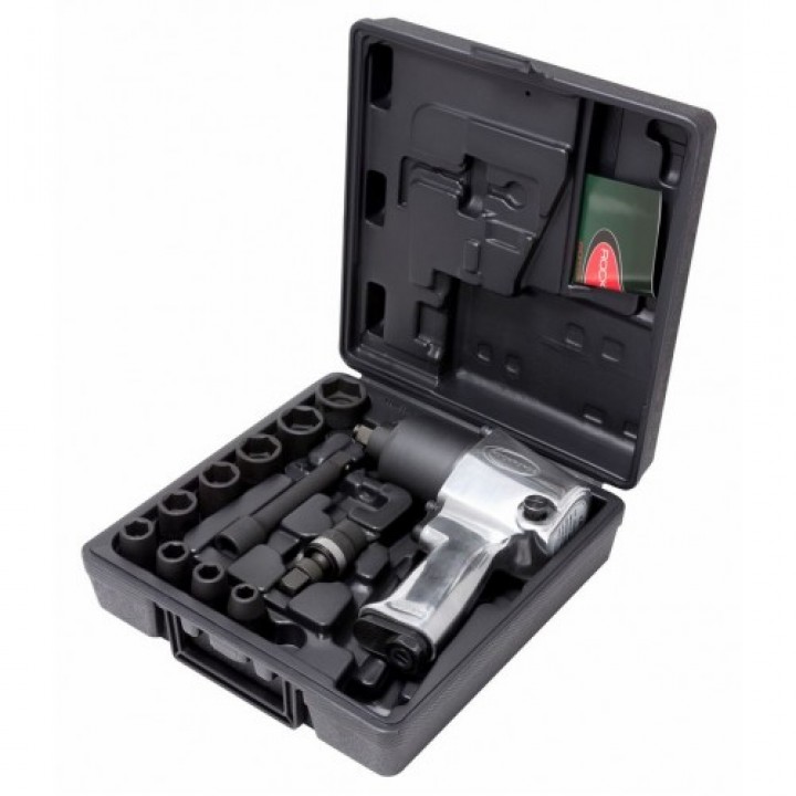  Пневмогайковерт ударный''Twin Hammer''с набором ударных головок1/2''12пр(922Нм,8000rpm,119л/мин,6.3bar,10,12-14,17,19,22,24,27мм+удл.125мм,кардан)в кейсе Rock Force(RF-825410K12)